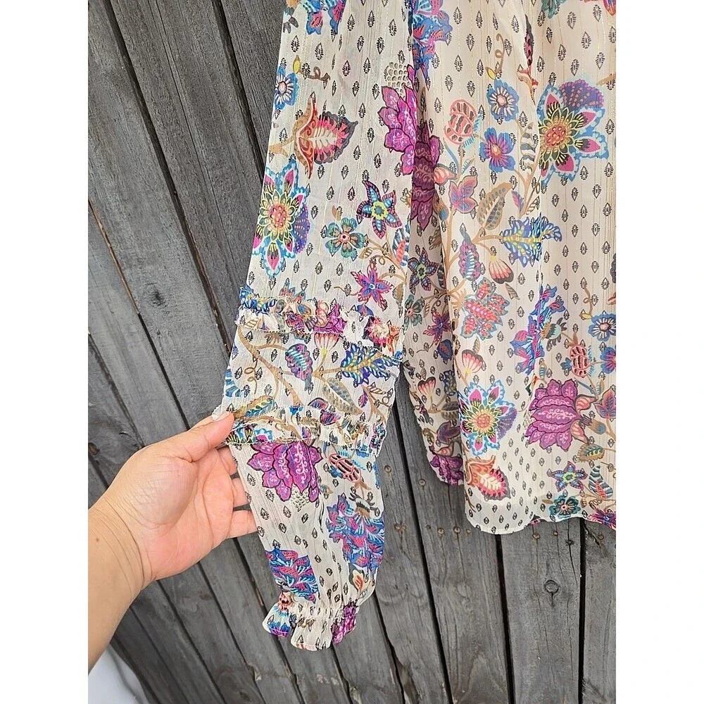 Loft  Top Sparkle Shimmer Vine Lined Puff Sleeve Ruffle Boho Floral Gold Sz M